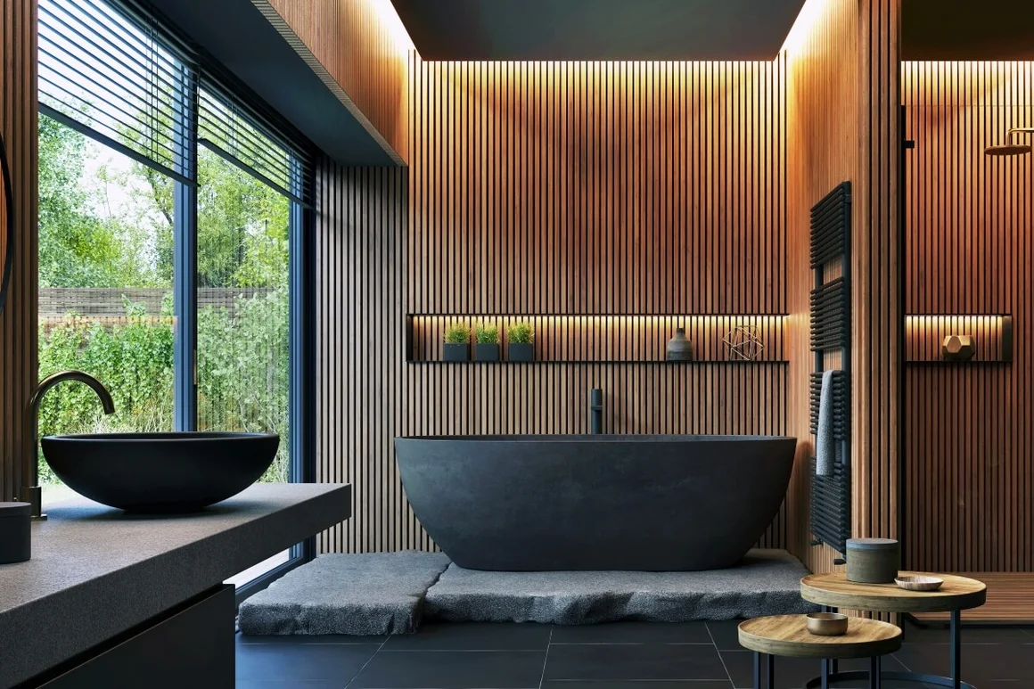 Modernes Badezimmer mit Holz und Badewanne